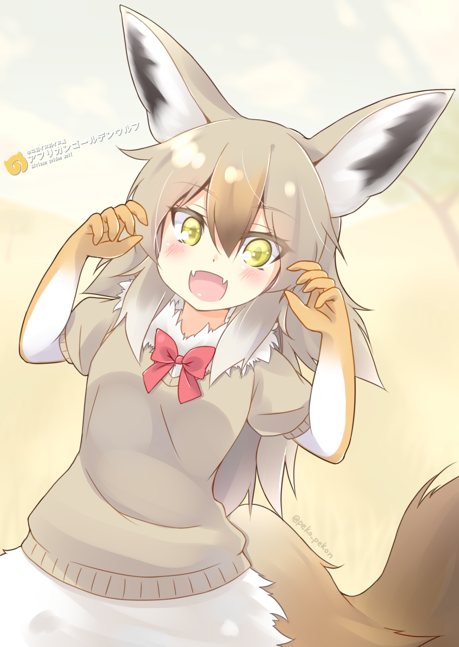 1girl, african_golden_wolf_(kemono_friends), animal_ears, artist_name, blonde_hair, blush, bow, bowtie