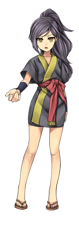 1girl, ayasugi_tsubaki, full_body, long_hair, looking_at_viewer, official_art, open_mouth, oshiro_project, oshiro_project_re, ponytail, purple_hair, saika_(oshiro_project), transparent_background, wristband, yellow_eyes