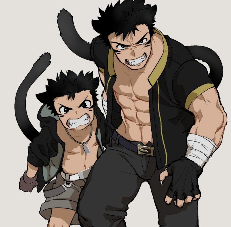 2boys, angry, animal_ears, bare_chest, black_gloves, black_hair, brothers, cat_ears