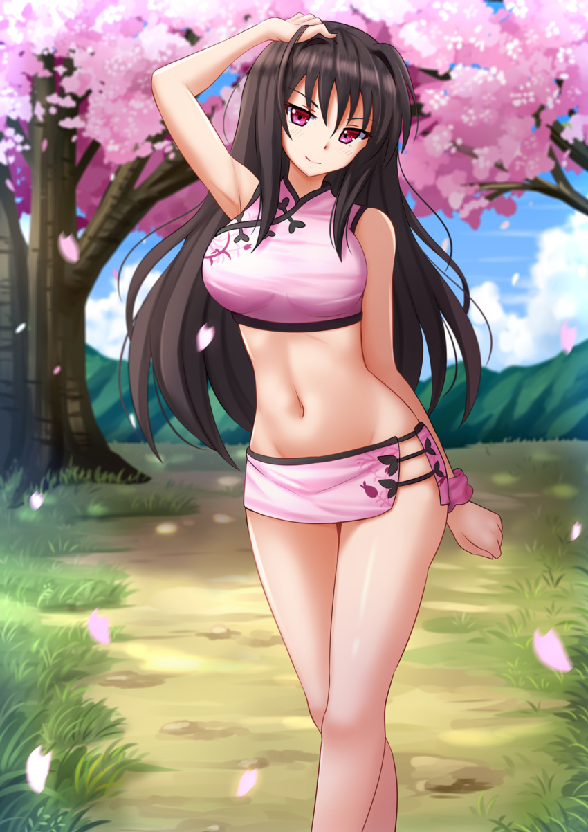 >:), 1girl, arm_up, bangs, bare_arms, bare_legs, bare_shoulders, black_hair, blush, breasts, cherry_blossoms, chinese_clothes, closed_mouth, cowboy_shot, day, groin, high_school_dxd, highres, kazenokaze, large_breasts, long_hair, looking_at_viewer, miniskirt, navel, outdoors, petals, raynare, red_eyes, skirt, smile, solo, stomach