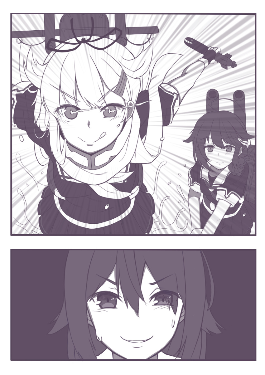 >:d, 10s, 2koma, 3girls, :d, braid, cannon, comic