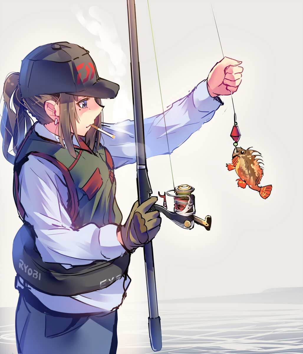 1girl, blue_eyes, brown_hair, cigarette, commentary_request, daito, earrings, fish