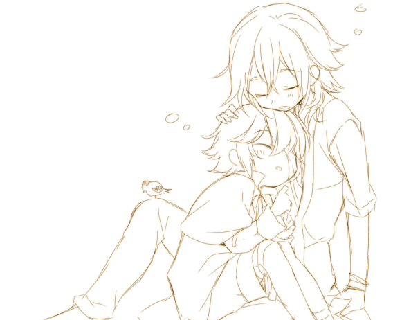 2boys, bandage, bandage_over_one_eye, bird, blush, closed_eyes, coat, james_(vocaloid)