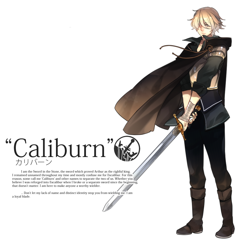 1boy, arm_wrap, armor, blonde_hair, boots, caliburn, cape, character_name