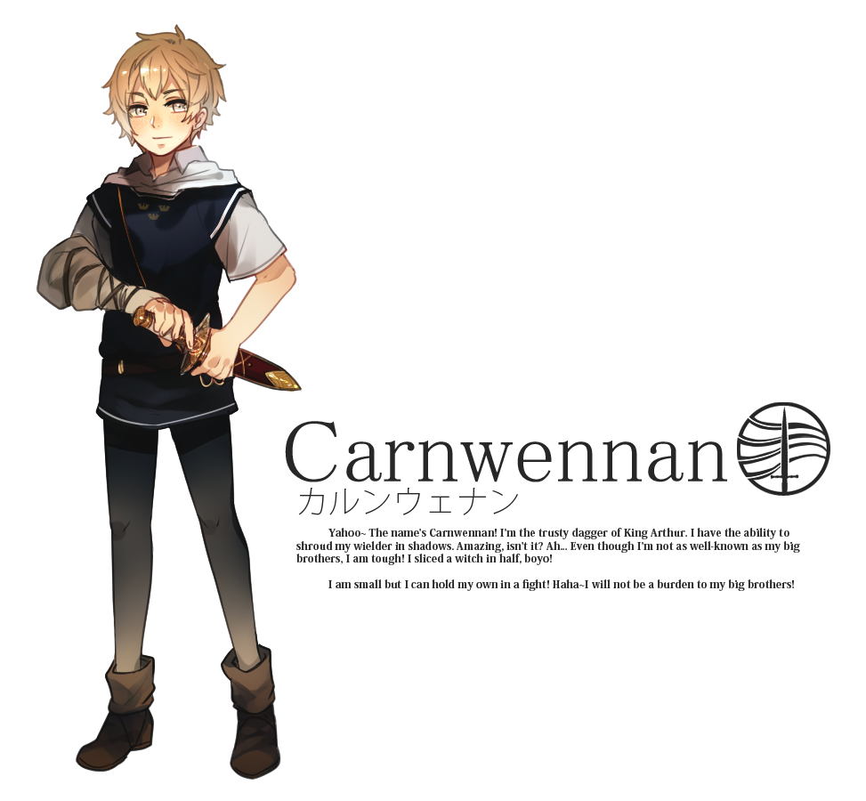 1boy, black_legwear, blonde_hair, boots, carnwennan, character_name, crest, dagger