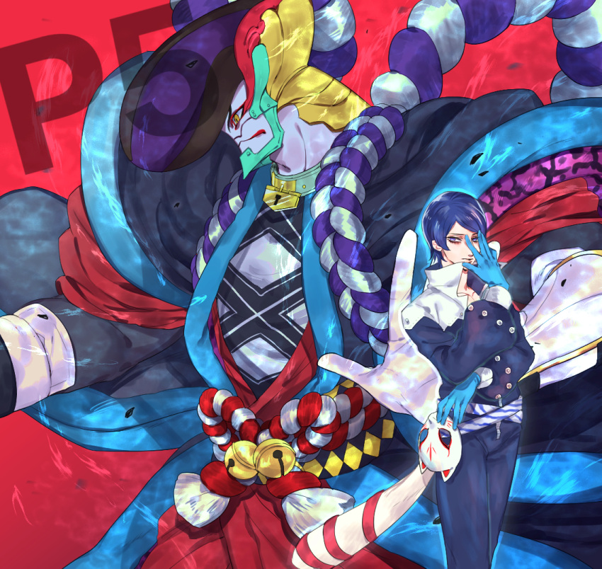 1boy, anagosamaeru, blue_eyes, blue_gloves, blue_hair, fox_mask, gloves, goemon_(persona_5)