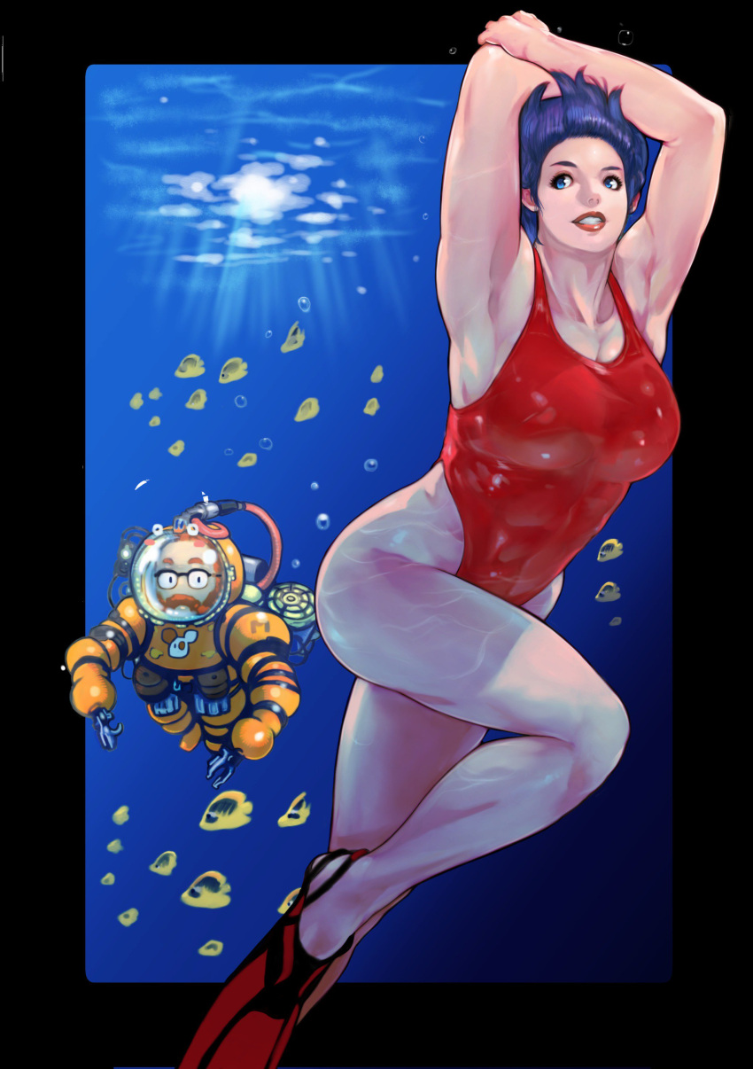 1boy, 1girl, abs, absurdres, beard, commentary_request, diving_suit, facial_hair, fish, flippers, glasses, highres, muscle, muscular_female, one-piece_swimsuit, orange_hair, original, short_hair, smile, swimsuit, underwater, vigwer