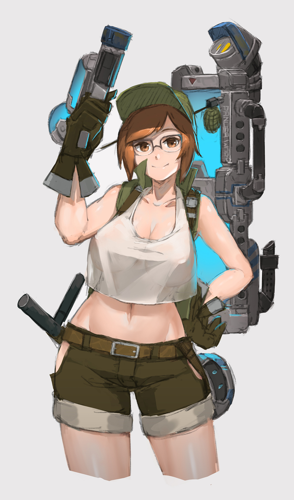 1girl, belt, black-framed_eyewear, breasts, brown_eyes, brown_hair, cleavage, closed_mouth