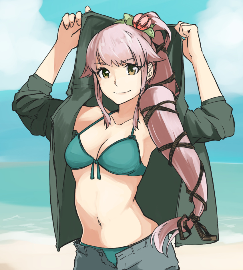 10s, 1girl, beach, bikini, bikini_under_clothes, black_shorts, breasts, cowboy_shot, eimusu_(yassun83), flower, front-tie_top, green_bikini, hair_flower, hair_ornament, hair_ribbon, highres, hood, hoodie, kantai_collection, long_hair, looking_at_viewer, parka, pink_hair, ponytail, ribbon, shorts, side_ponytail, small_breasts, smile, solo, swimsuit, swimsuit_under_clothes, very_long_hair, yura_(kantai_collection)