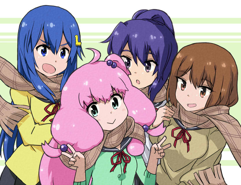 4girls, :>, ahoge, alpaca_hair_ornament, astcd2, bandou_marimo, blue_eyes, blue_hair