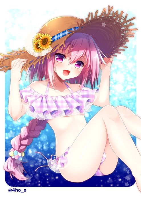 1boy, aichi_shiho, bikini, black_bow, bow, braid, fang, fate/apocrypha