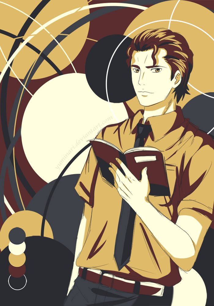 1boy, ace_of_diamond, arm_at_side, belt, black_necktie, black_pants, book, brown_eyes