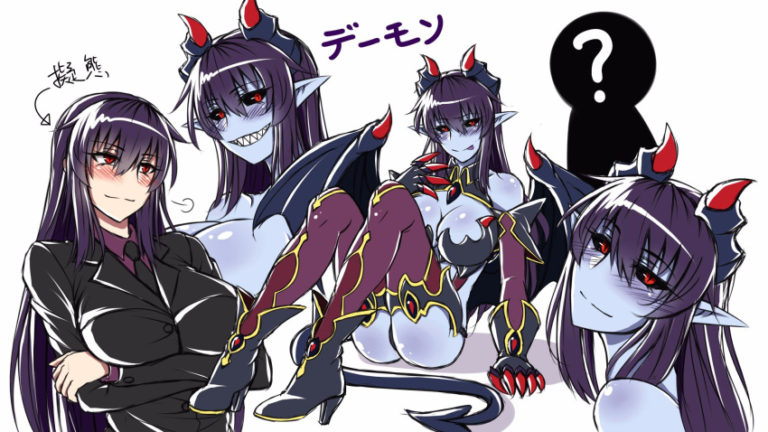 1girl, :q, alternate_costume, alternate_skin_color, ass, bare_shoulders, black_, black_sclera, blue_skin, blush, boots, breast_hold, breasts, cleavage, commentary_request, crossed_arms, demon_(monster_girl_encyclopedia), demon_girl, demon_horns, demon_tail, demon_wings, elbow_gloves, evil_grin, evil_smile, eyebrows_visible_through_hair, formal, gloves, grin, hair_between_eyes, high_heel_boots, high_heels, highres, horns, large_breasts, long_hair, looking_at_viewer, monster_girl_encyclopedia, multiple_views, pointy_ears, purple_hair, red_eyes, sanmotogoroo, sharp_teeth, simple_background, sitting, sketch, slit_pupils, smile, suit, tail, teeth, thigh-highs, thigh_boots, tongue, tongue_out, translation_request, white_background, wings