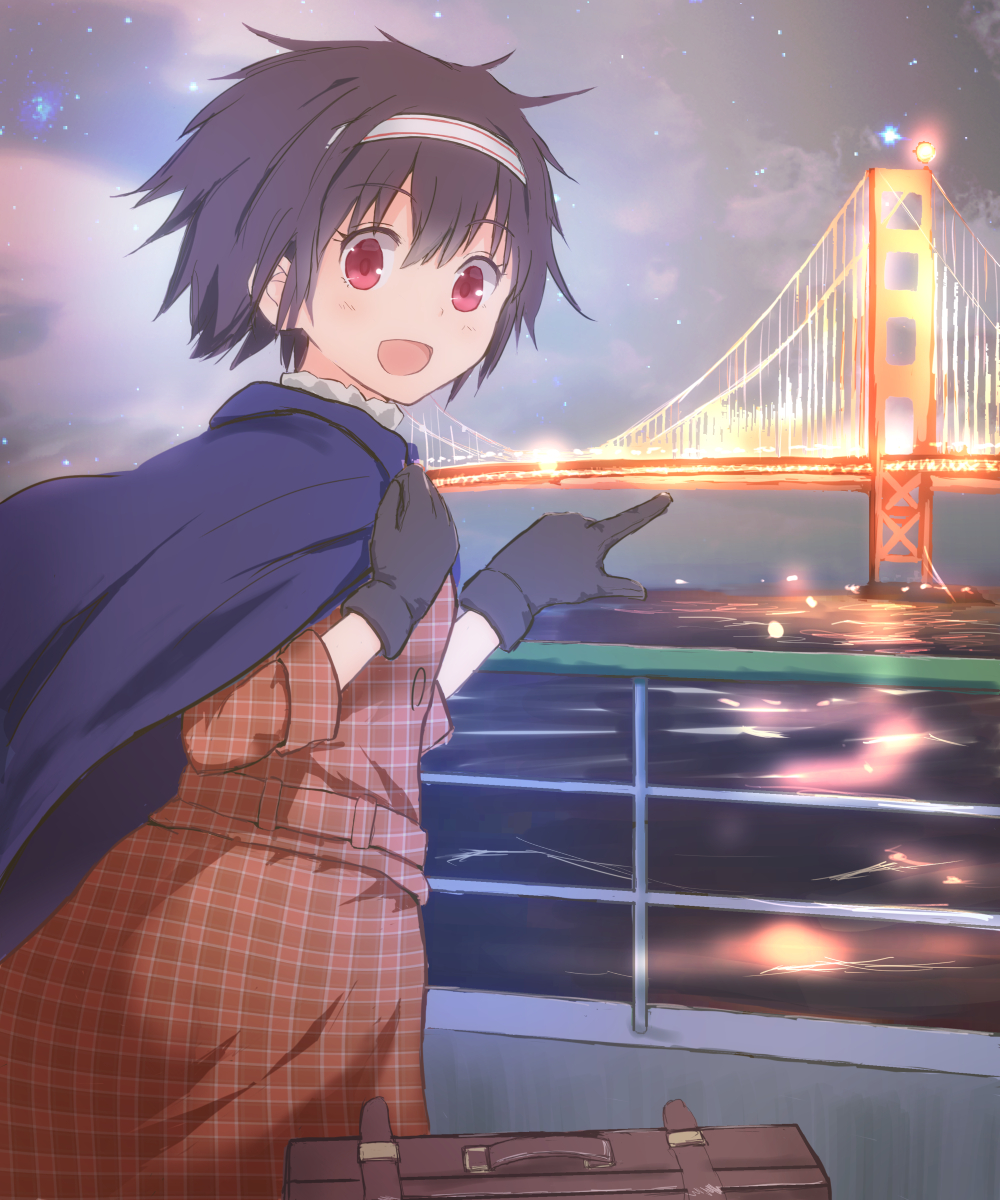 1girl, black_gloves, black_hair, blue_cape, bridge, brown_jacket, brown_skirt, cape