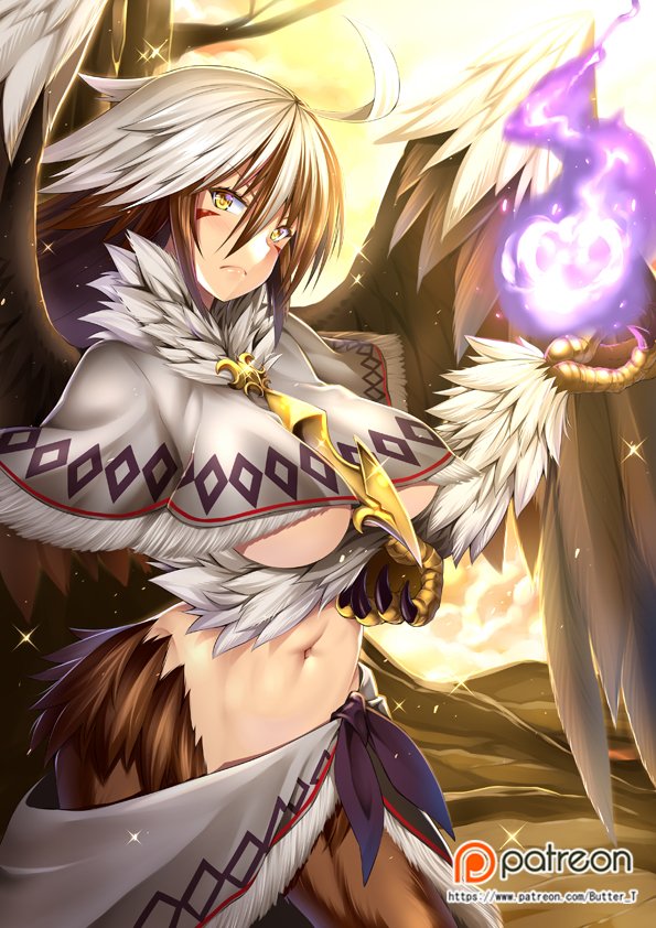 >:(, 1girl, ahoge, animal_hand, bird_wings, breast_squeeze, breasts, brown_feathers