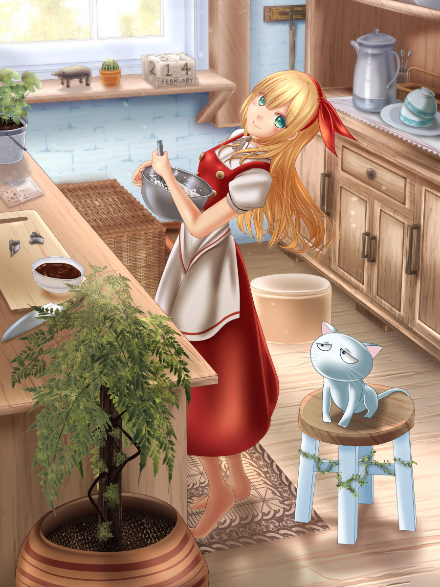 1girl, barefoot, blonde_hair, cactus, carpet, cat, chocolate, cooking