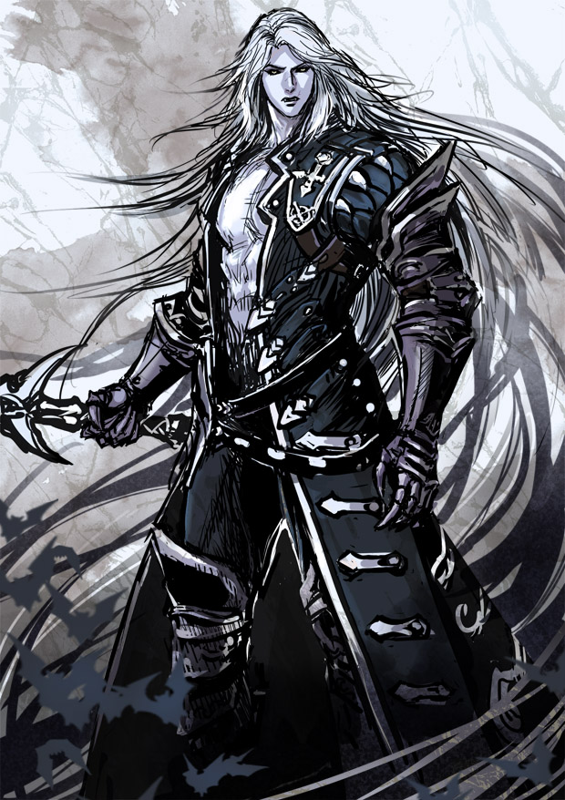 1boy, alucard, armor, castlevania:_lords_of_shadow, claws, fangs, greaves, grey_skin