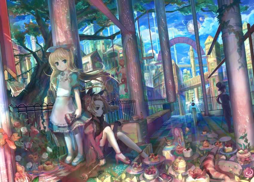 alice, alice_(wonderland), blonde_hair, blue_eyes, cheshire_cat, cityscape, dessert, dormouse