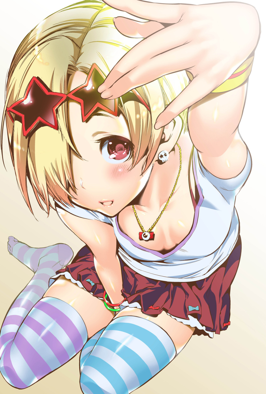 10s, 1girl, :d, between_legs, blonde_hair, blue_bow, blush, bow