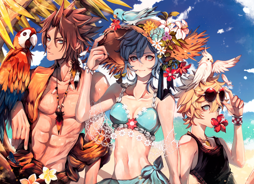 1girl, 2boys, aqua_(kingdom_hearts), beach, bikini, bird, blonde_hair, blue_hair