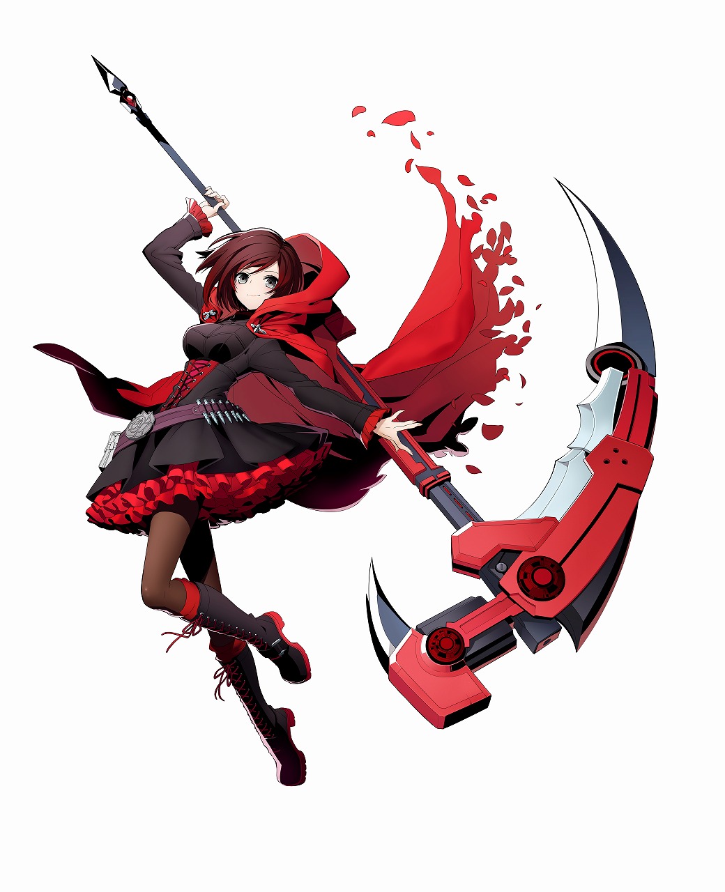 1girl, arc_system_works, bandolier, black_boots, black_hair, black_legwear, blazblue, blazblue:_cross_tag_battle, boots, brown_hair, cloak, crescent_rose, cross-laced_footwear, flower, full_body, grey_eyes, highres, higuchi_konomi, hood, hooded_cloak, lace-up_boots, official_art, pantyhose, petals, petticoat, pouch, red_hood, rose, rose_petals, ruby_rose, rwby, scythe, short_hair, simple_background, smile, solo, white_background