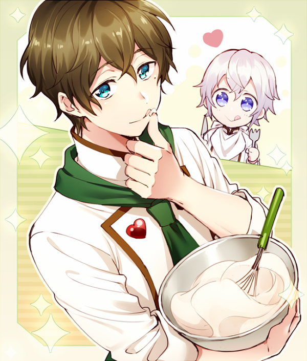 2boys, :>, :p, alternate_costume, blue_eyes, bowl, brown_hair, chef_uniform