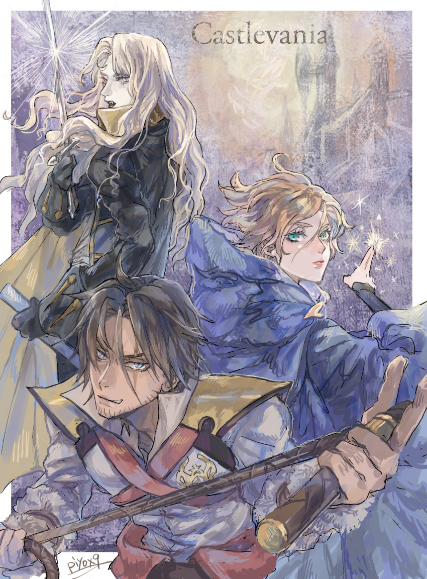 1girl, 2boys, alucard_(castlevania), aqua_eyes, blonde_hair, blue_eyes, brown_hair, castle