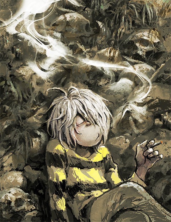1boy, cigarette, gegege_no_kitarou, getakichi_tanaka, hair_over_one_eye, jyuu, kitarou, legs_crossed, long_sleeves, messy_hair, older, shirt, short_hair, sitting, skull, smoking, solo, striped, striped_shirt