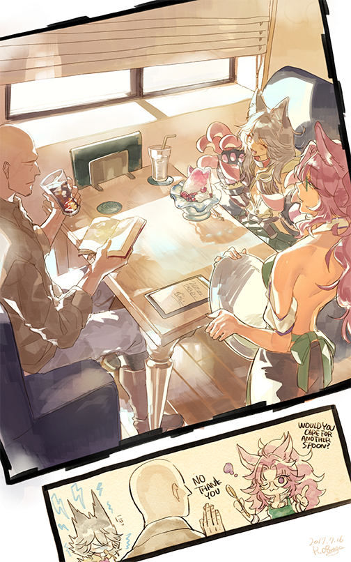 0x2gi, animal_ears, book, cafe, cat_ears, catharine_(granblue_fantasy), claw_(weapon), cola