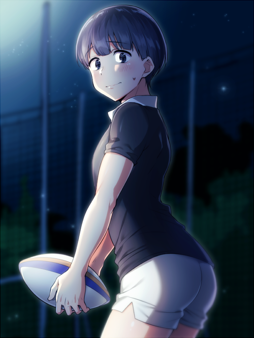 1boy, all_out!!, black_eyes, black_hair, blush, bowl_cut, cowboy_shot, fence, kifune_isao, male_focus, night, rugby_ball, rugby_uniform, short_sleeves, shorts, solo, sportswear, sweatdrop, tsuchiya_(1315444), wavy_mouth