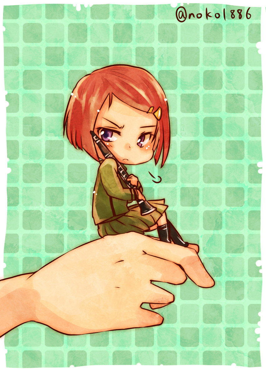 1girl, artist_name, blush, boots, chibi, clarinet, hair_ornament, hairclip, highres, instrument, katekyo_hitman_reborn, m.m., noko_(noko1886), pleated_skirt, redhead, sitting, skirt, solo, violet_eyes