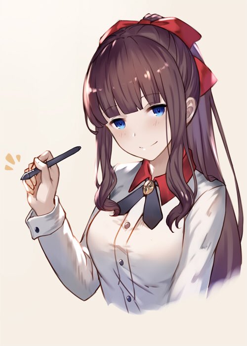 1girl, bangs, blue_eyes, blunt_bangs, blush, bow, breasts, brown_hair