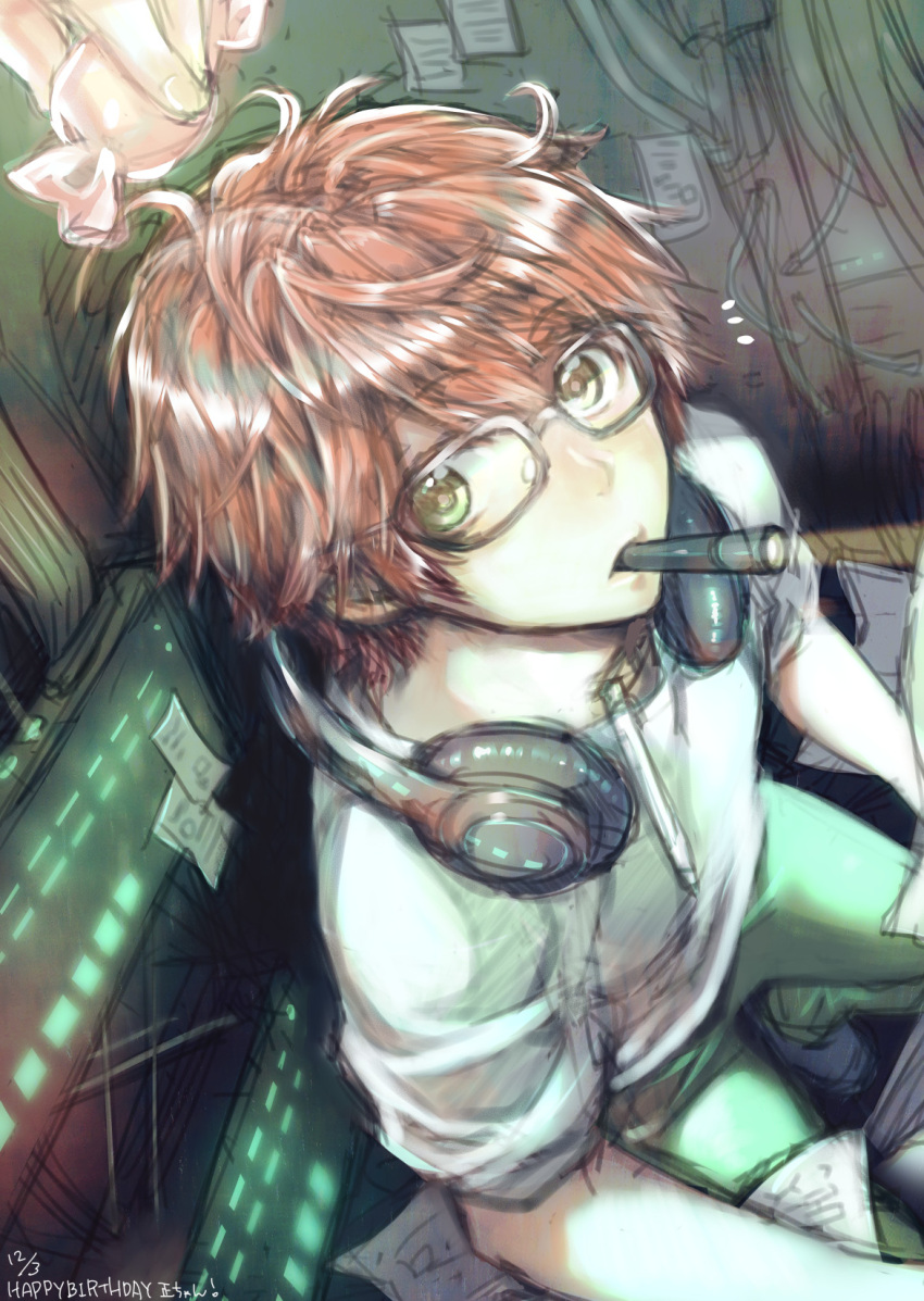 1boy, candy, dated, food, glasses, green_eyes, happy_birthday, headphones
