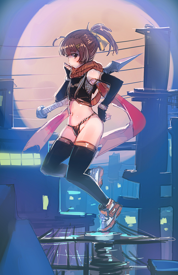 1girl, ass, black_legwear, bow_(bhp), brown_eyes, brown_hair, cityscape, flat_chest