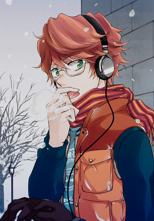 1boy, blush, glasses, gloves, gloves_removed, green_eyes, headphones, irie_shoichi, katekyo_hitman_reborn, male_focus, open_mouth, orange_hair, scarf, snow, snowing, solo, tree
