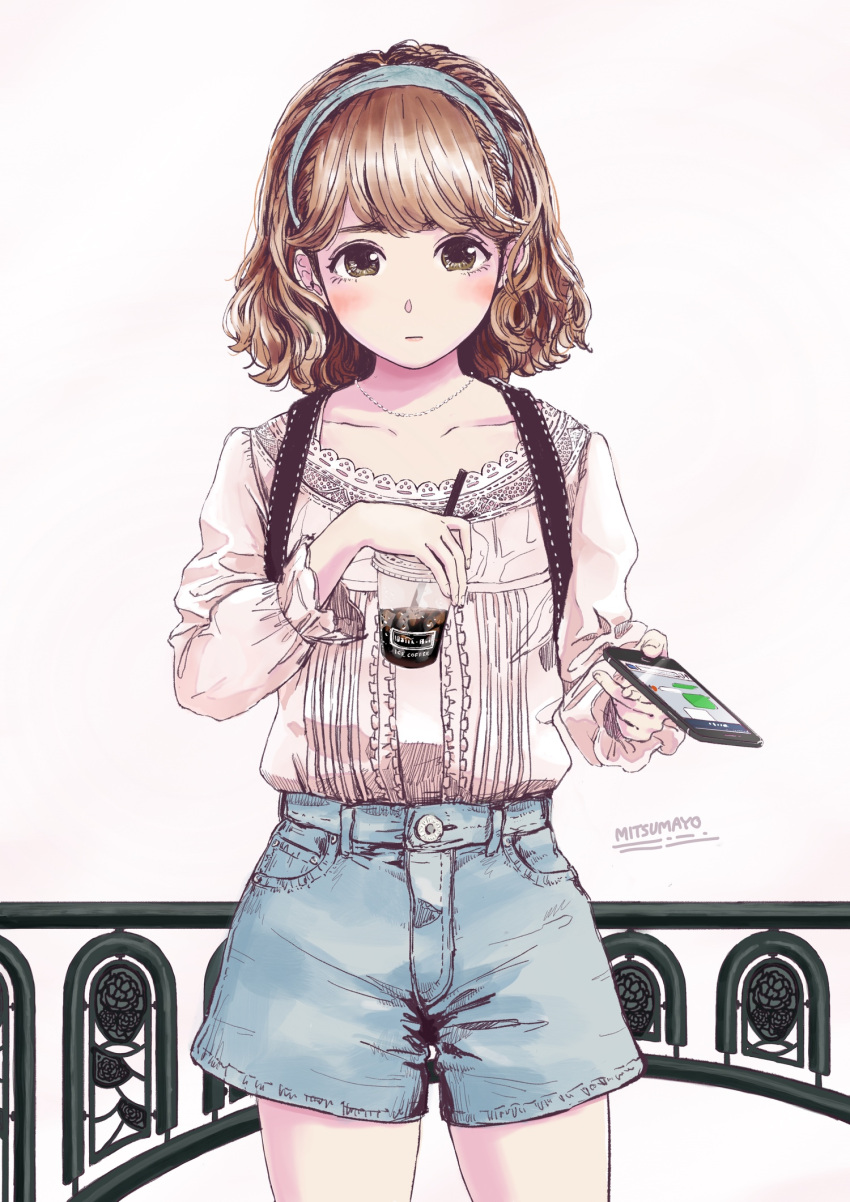 1girl, artist_name, bag, blush, bob_cut, brown_eyes, brown_hair, cellphone