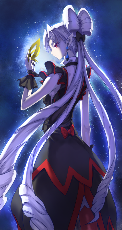 1girl, black_bow, black_dress, bow, breasts, closed_mouth, cowboy_shot, domino_mask