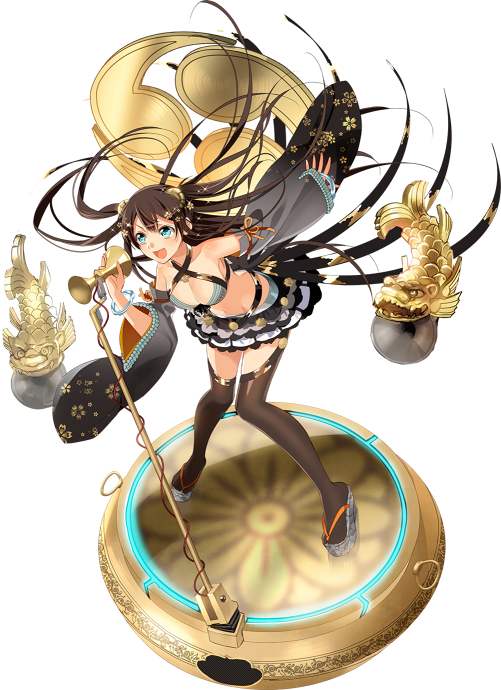 1girl, blue_eyes, breasts, brown_hair, cleavage, detached_sleeves, dutch_angle, frilled_skirt