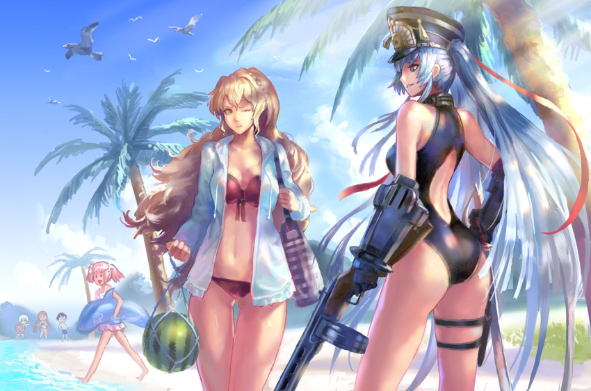 1boy, 5girls, alisteria_february, ass, bag, bare_shoulders, beach, bikini