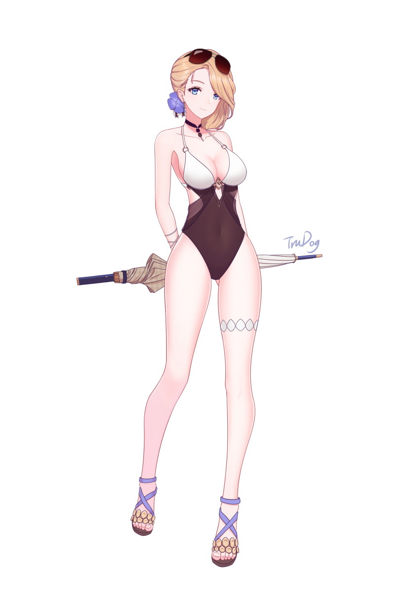 1girl, absurdres, arms_behind_back, artist_name, azur_lane, bangs, bare_arms, bare_legs, bare_shoulders, bilan_hangxian, black_choker, blonde_hair, blue_eyes, blue_flower, breasts, casual_one-piece_swimsuit, choker, cleavage, closed_mouth, closed_umbrella, collarbone, commentary_request, covered_navel, female, flower, full_body, gluteal_fold, hair_flower, hair_ornament, highres, holding, holding_umbrella, hood_(bilan_hangxian), legs_apart, looking_at_viewer, medium_breasts, one-piece_swimsuit, open_toe_shoes, shoes, short_hair, simple_background, smile, solo, standing, sunglasses, sunglasses_on_head, swept_bangs, swimsuit, toenails, toes, trudog, umbrella, white_background