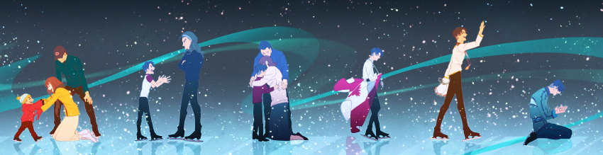 1girl, 3boys, absurdres, age_progression, alain_leroy, baseball_cap, black_hair, blue_eyes