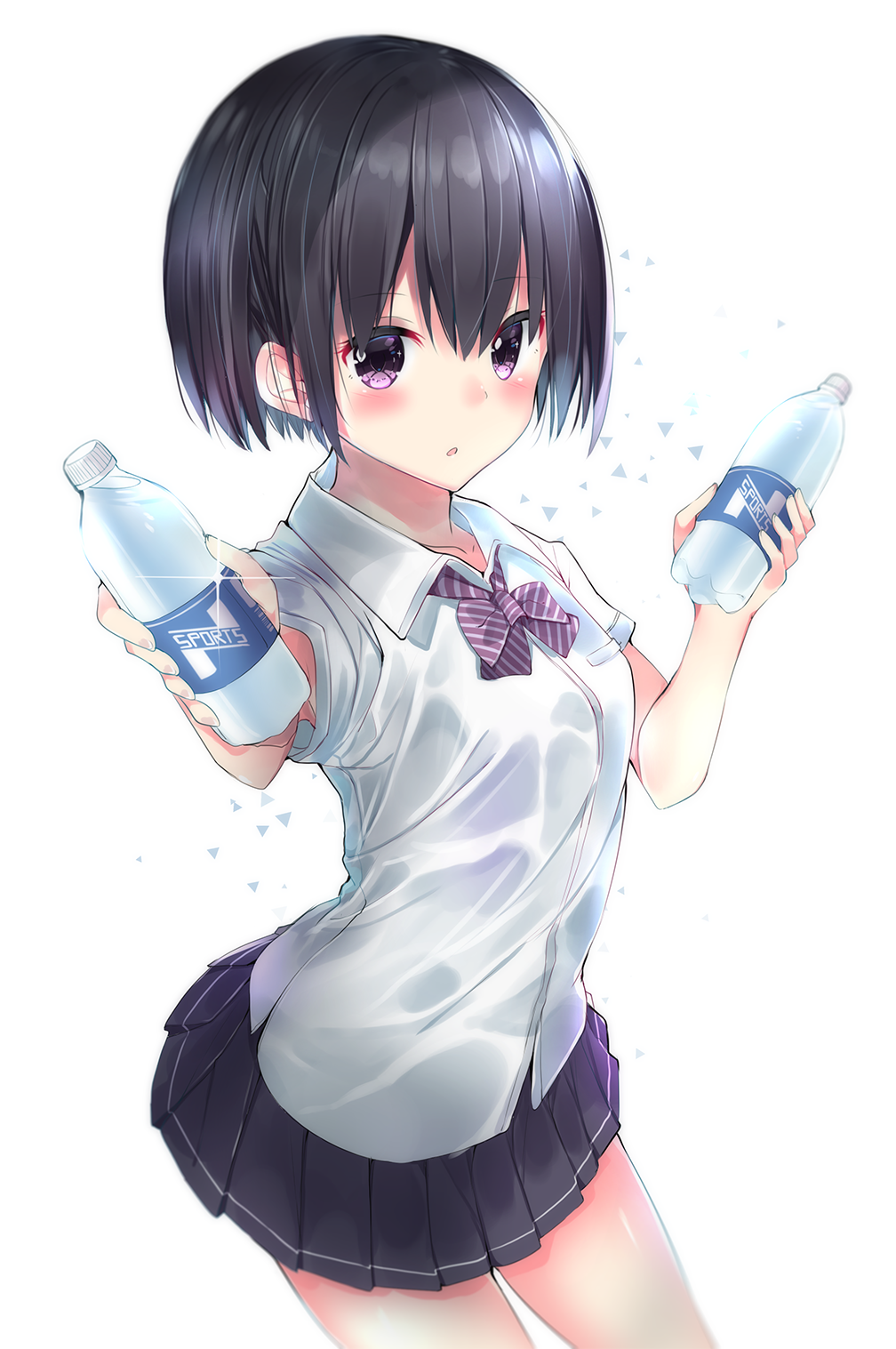 1girl, arched_back, bangs, black_hair, black_skirt, blush, bottle, bow
