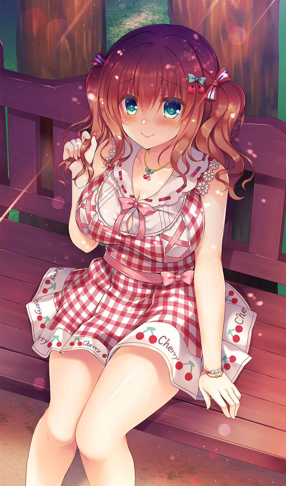 1girl, aoki_kaede, bare_shoulders, bench, blue_eyes, blush, bracelet, breasts