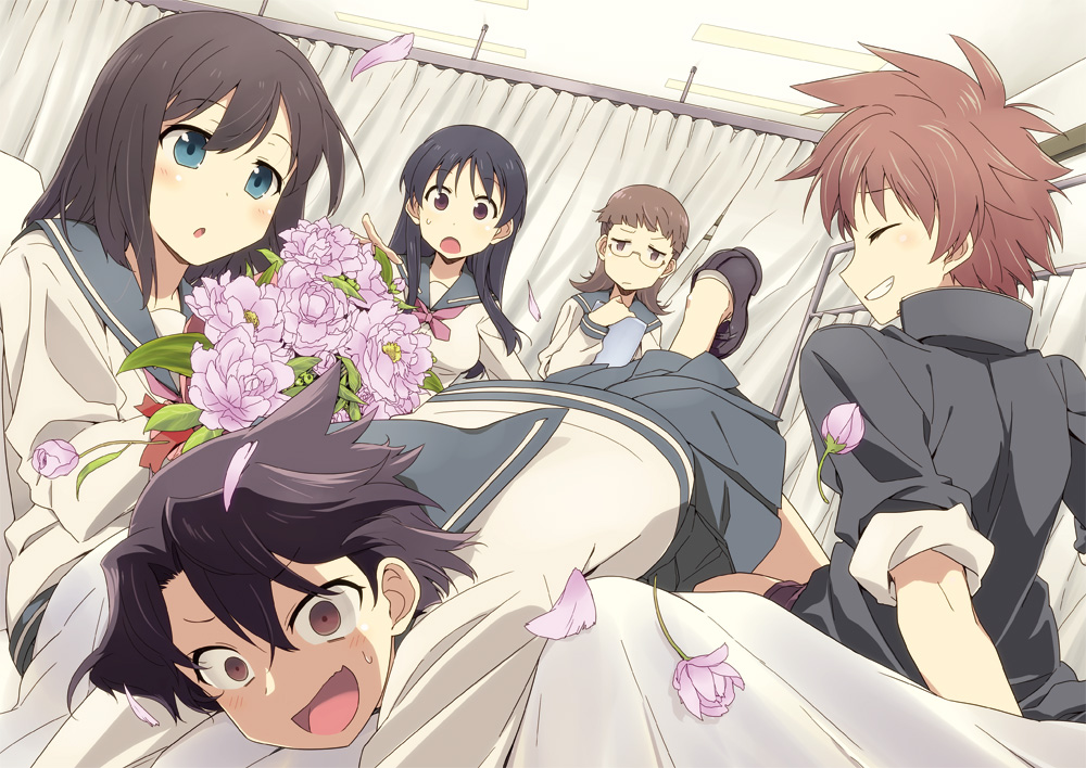 5girls, arm_support, bed, bouquet, eguchi_sera, falling, flower, funakubo_hiroko