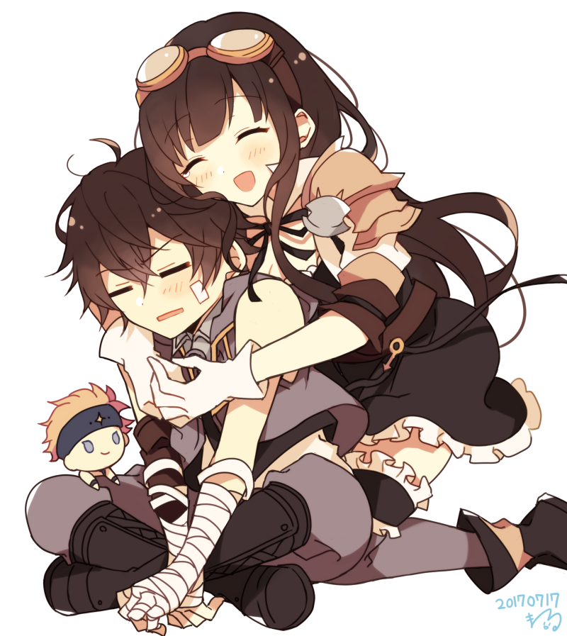 ayer, black_hair, closed_eyes, gloves, goggles, goggles_on_head, granblue_fantasy, hug, hug_from_behind, jessica_(granblue_fantasy), long_hair, maru_(maruplum), siblings, sitting, skirt, thigh-highs