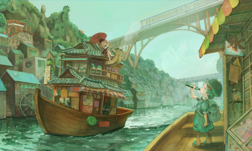 6+girls, architecture, backpack, bag, blonde_hair, blue_dress, blue_hair, boat, bridge, building, closed_eyes, commentary, dress, drinking, east_asian_architecture, ground_vehicle, hair_bobbles, hair_ornament, hat, highres, jar, jatomaru, kappa, kappa_mob, kawashiro_nitori, key, kirisame_marisa, legs_crossed, long_hair, multiple_girls, outdoors, profile, puffy_short_sleeves, puffy_sleeves, ramune, river, sandals, short_hair, short_sleeves, sign, sitting, skirt, skirt_set, standing, statue, storefront, touhou, train, vending_machine, water_wheel, watercraft, witch_hat