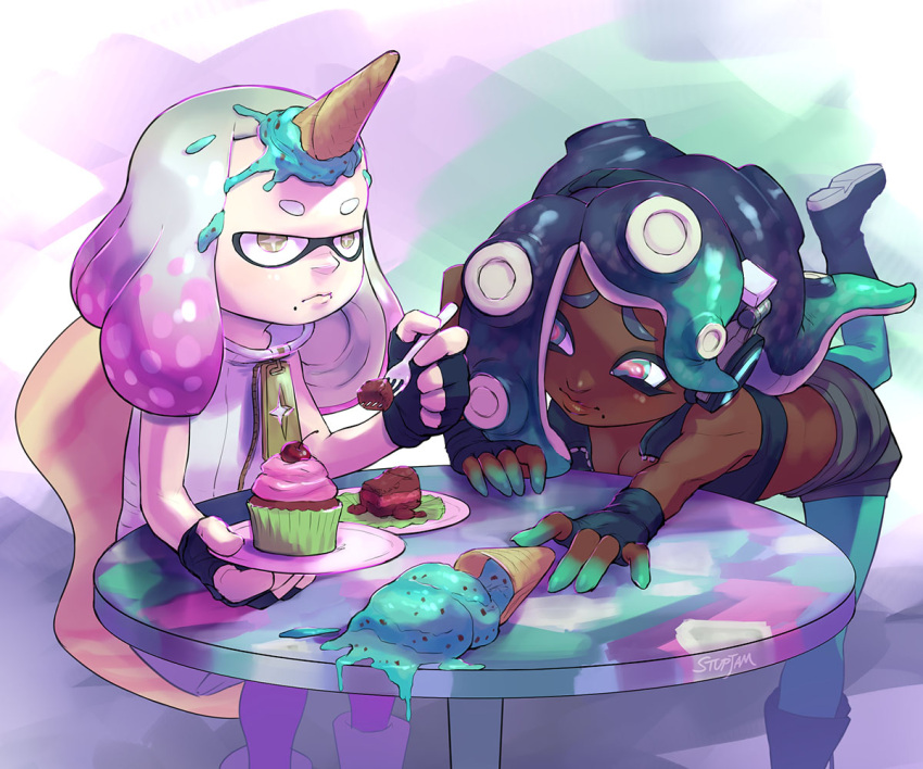 2girls, bare_shoulders, bent_over, black_hair, breasts, cake, chair, cherry