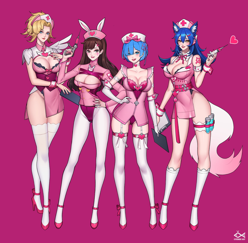 3girls, 4girls, :d, ahri, alternate_costume, animal_ears, animal_print, arm_at_side