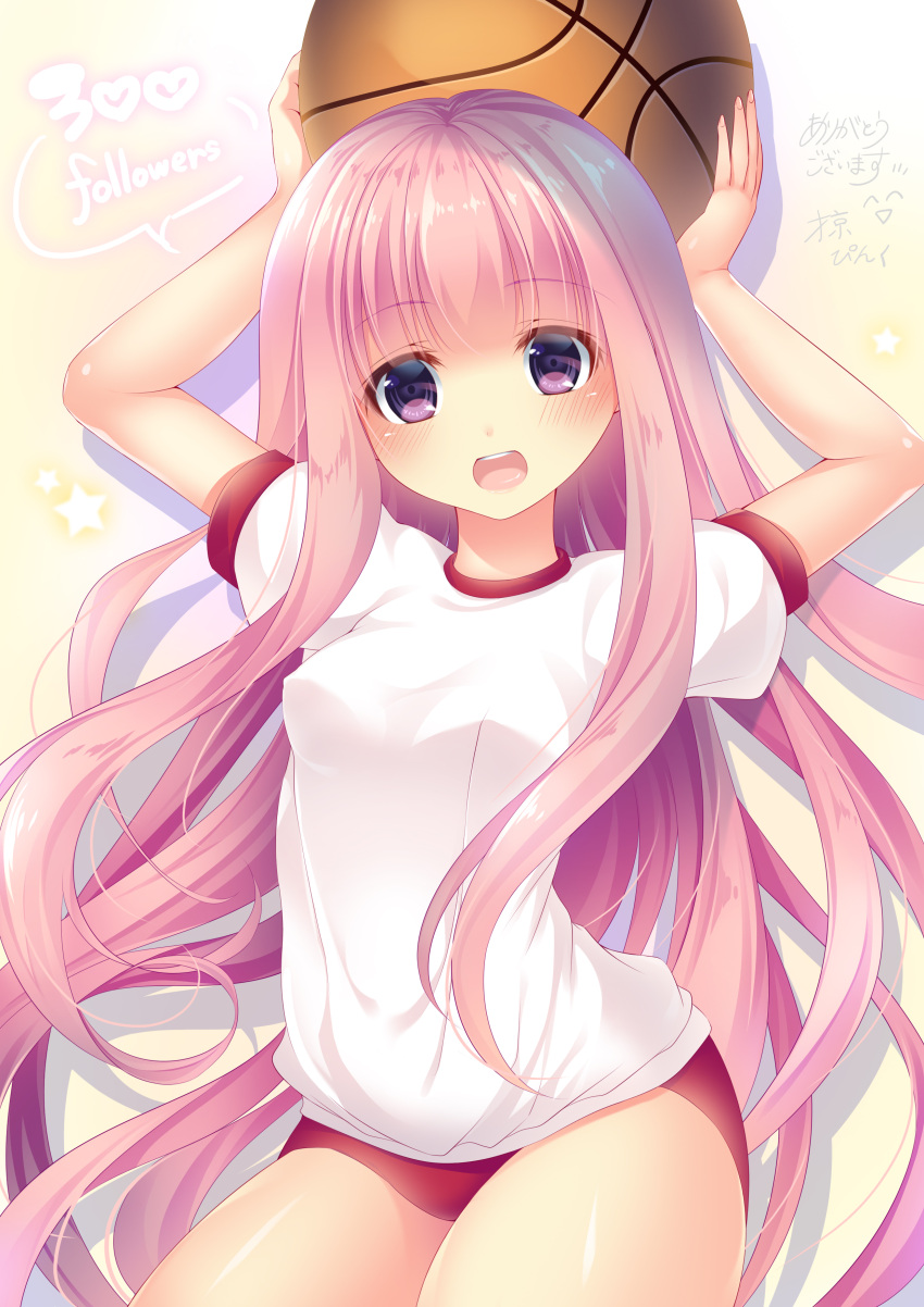 1girl, absurdres, ball, basketball, blush, breasts, english, eyebrows_visible_through_hair