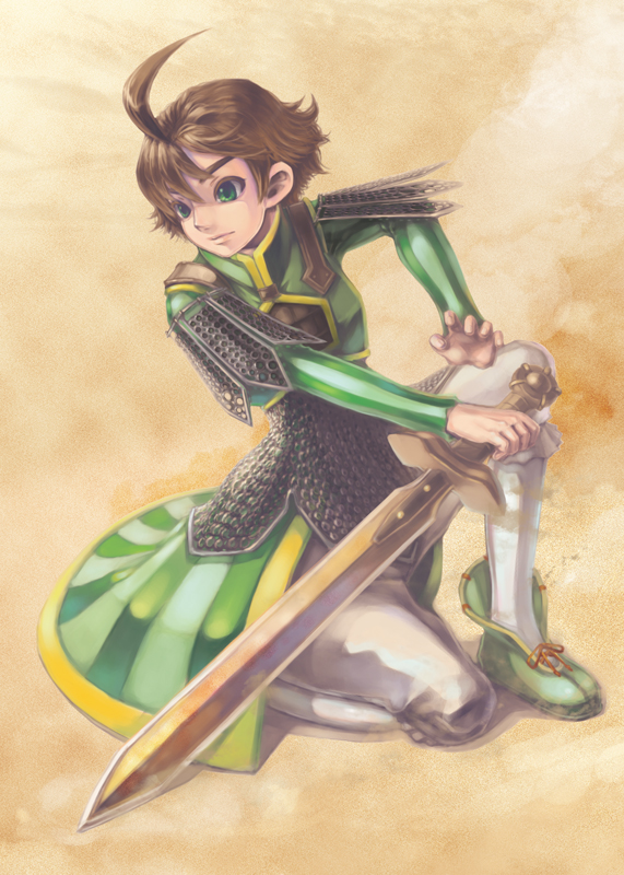 1boy, ahoge, armor, boots, brown_hair, final_fantasy, final_fantasy_crystal_chronicles, full_body, green_eyes, male_focus, solo, sword, weapon, yuri_(ffcc), zawanko